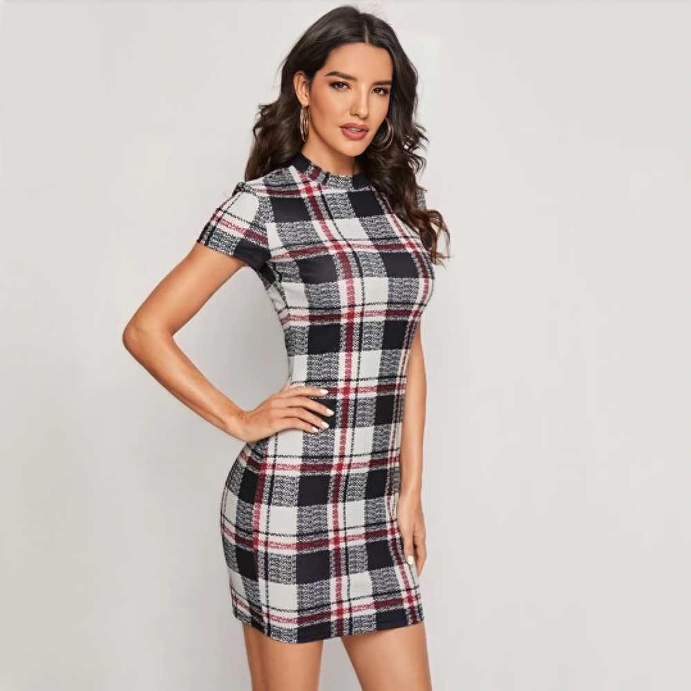 Plaid mock neck bodycon dress